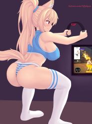 Rule 34 | 1girl, animal ear fluff, animal ears, ass, bad id, bad pixiv id, bare arms, bare shoulders, blonde hair, blush, breasts, cat ears, cat girl, cat tail, closed mouth, commentary, english commentary, from behind, highres, large breasts, long hair, nottytiffy, original, panties, patreon username, playing games, ponytail, red eyes, ring fit adventure, skindentation, solo, sports bra, squatting, striped clothes, striped panties, tail, thighhighs, thighs, tiffy (nottytiffy), underwear, white thighhighs