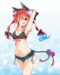 Rule 34 | 1girl, alternate costume, animal ears, armpits, arms behind head, bikini, black bikini, blue fire, bow, breasts, cat ears, cat tail, denim, denim shorts, fang, fire, floating skull, hair between eyes, hair bow, hip focus, kaenbyou rin, looking at viewer, medium breasts, multiple tails, navel, one eye closed, red eyes, red hair, ribbon, short shorts, shorts, simple background, slit pupils, solo, swimsuit, tail, tetsurou (fe+), thighs, touhou, twintails, two tails, white background
