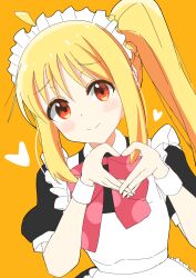 Rule 34 | 1girl, :&gt;, ahoge, alternate costume, black dress, blonde hair, blush, bocchi the rock!, bow, bowtie, closed mouth, commentary, detached ahoge, dress, enmaided, heart, heart hands, highres, ijichi nijika, kur0u, looking at viewer, maid, maid headdress, orange background, polka dot bowtie, puffy short sleeves, puffy sleeves, red bow, red bowtie, red eyes, short sleeves, side ponytail, simple background, solo, symbol-only commentary, upper body, white headdress, white wristband