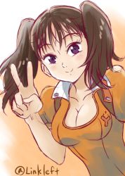 Rule 34 | 10s, 1girl, blush, breasts, brown eyes, cleavage, closed mouth, commentary request, diane (nanatsu no taizai), from side, leotard, link (aa30), long hair, looking at viewer, nanatsu no taizai, orange background, purple eyes, simple background, smile, solo, unfastened, v