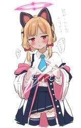 Rule 34 | 1girl, animal ear headphones, animal ears, black skirt, black thighhighs, blonde hair, blue archive, blush, bow, fake animal ears, flat chest, hair bow, halo, headphones, highres, jacket, light censor, long sleeves, looking at viewer, momoi (blue archive), naltal, open mouth, pink halo, pleated skirt, red bow, red eyes, short hair, simple background, skirt, solo, speech bubble, thighhighs, translation request, white background, white jacket