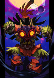 Rule 34 | 1boy, boots, fairy wings, full body, full moon, gloves, hands up, hungry clicker, looking at viewer, male focus, mask, moon, nintendo, purple background, red footwear, red shirt, shirt, skull kid, solo, tael, the legend of zelda, the legend of zelda: majora&#039;s mask, wings