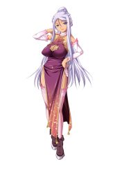 Rule 34 | 1girl, blue eyes, boots, breasts, china dress, chinese clothes, cleavage, cleavage cutout, clothing cutout, detached sleeves, dress, female focus, full body, garter belt, garter straps, highres, hikage eiji, koihime musou, kougai, large breasts, long hair, official art, ponytail, silver hair, smile, solo, standing, thighhighs, transparent background, very long hair