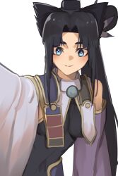 Rule 34 | 1girl, armor, asymmetrical sleeves, bare shoulders, black hair, blue eyes, blush, breast curtains, breasts, closed mouth, code nt, commentary, commentary request, fate/grand order, fate (series), feather hair ornament, feathers, hair ornament, hat, highres, japanese armor, leotard, long hair, looking at viewer, medium breasts, mismatched sleeves, parted bangs, pom pom (clothes), purple sleeves, shoulder armor, side ponytail, smile, sode, solo, tate eboshi, ushiwakamaru (fate), very long hair, white background, white sleeves