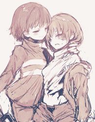 Rule 34 | 2others, alternate universe, androgynous, blouse, blush, chara (undertale), closed mouth, frisk (undertale), greyscale, groin, half-closed eyes, monochrome, multiple others, oshiruko (tsume), shirt, short hair, smile, storyshift, storyswap, striped clothes, striped shirt, striped sweater, sweater, torn clothes, torn shirt, undertale, undertale au, underwear