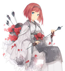 Rule 34 | 1girl, alternate costume, ark royal (kancolle), arrow (projectile), blue eyes, brown gloves, clothes writing, fingerless gloves, flower, gloves, hairband, highres, holding, holding arrow, kantai collection, long sleeves, malachite, petals, red flower, red hair, red ribbon, red rose, ribbon, rose, rose petals, short hair, simple background, solo, tiara, white background, white flower, white rose, wide sleeves