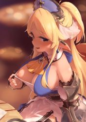 Rule 34 | 1girl, :d, arm guards, armor, blonde hair, blurry, blurry background, blush, breasts, clothes tug, cross, dress, earrings, flashing, half updo, hat, highres, jewelry, long hair, looking at viewer, nipple slip, nipples, nitro (mugityaoisii), open mouth, pointy ears, princess connect!, purple eyes, shirt, sitting, smile, solo, yukari (princess connect!)