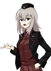 Rule 34 | 10s, 1girl, black hat, black jacket, blue eyes, cross, crossed arms, dress shirt, emblem, english text, garrison cap, girls und panzer, hand on own hip, hat, iron cross, itsumi erika, jacket, long hair, long sleeves, looking at viewer, military, military hat, military uniform, miniskirt, multiple girls, open clothes, open jacket, open mouth, pleated skirt, pravda (emblem), red shirt, red skirt, shirt, silver hair, simple background, skirt, solo, standing, thorn (ashthorn), uniform, upper body, white background