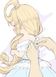 Rule 34 | 1girl, adjusting another&#039;s clothes, bare shoulders, blonde hair, blue dress, blush, charlotta (granblue fantasy), crown, dress, dressing, ear blush, from behind, from side, granblue fantasy, harvin, holding, holding hair, long hair, pointy ears, profile, short sleeves, sketch, solo focus, very long hair, walkalone, white background