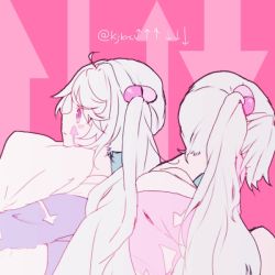 Rule 34 | 2girls, arrow (symbol), arrow background, arrow print, back-to-back, commentary, dual persona, facial tattoo, from side, hair ornament, hatsune miku, high fever (module), lady-ichiko, multiple girls, hugging object, pajamas, pill, pillow, pillow hug, pink background, pink eyes, sitting, slow motion (vocaloid), tattoo, twintails, twitter username, upper body, vocaloid, white hair