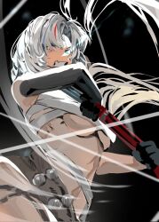 Rule 34 | 1girl, alpha (punishing: gray raven), bandaged chest, bandaged torso, blue eyes, blue hair, breasts, corrupted twitter file, flaming eye, grey hair, heterochromia, highres, holding, holding sword, holding weapon, long hair, lucia: crimson weave (punishing: gray raven), mechanical arms, medium breasts, multicolored hair, official alternate costume, open mouth, ponytail, punishing: gray raven, red eyes, red hair, sheath, sheathed, solo, streaked hair, sword, weapon, yongsadragon