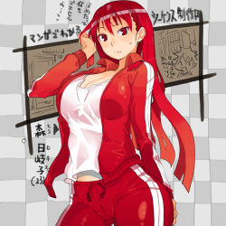 Rule 34 | 1boy, 1girl, ass, breasts, character name, checkered background, chibi, chibi inset, cleavage, frown, hand on own ass, jacket, large breasts, long hair, mori hikiko, original, pants, partially translated, red hair, solo focus, sweatdrop, takayama toshinori, track jacket, track pants, track suit, translation request