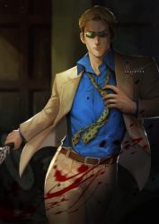 Rule 34 | 1boy, animal print, blonde hair, blood, blood on clothes, blue shirt, brown suit, cowboy shot, formal, goggles, high collar, highres, holding, holding weapon, jujutsu kaisen, leopard print, lips, long sleeves, male focus, nanami kento, necktie, sayrenka, shirt, solo, suit, suspenders, weapon, yellow necktie