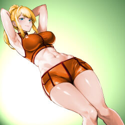 Rule 34 | 1girl, abs, armpits, arms behind head, arms up, blonde hair, blue eyes, breasts, closed mouth, commentary request, from below, gradient background, green background, highres, large breasts, lips, long hair, looking at viewer, metroid, midriff, minamoto80486, navel, nintendo, orange shorts, orange tank top, ponytail, samus aran, shiny skin, shorts, sidelocks, sleeveless, smile, stomach, tank top, thighs