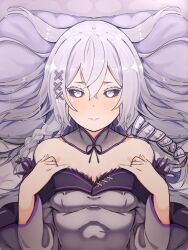 Rule 34 | 1girl, absurdres, bare shoulders, bed sheet, braid, breasts, bright pupils, closed mouth, colored eyelashes, detached collar, dress, from above, fur-trimmed dress, fur trim, grey hair, hair ornament, hands on own chest, highres, long sleeves, lying, melinda (re:zero), messy hair, off-shoulder dress, off shoulder, on back, pillow, re:zero kara hajimeru isekai seikatsu, small breasts, twin braids, upper body, white dress, white eyes, white pupils, x hair ornament, zerobarto