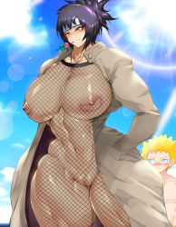 Rule 34 | 1boy, 1girl, absurdres, alternate breast size, alternate muscle size, bodysuit, breasts, brown coat, censored, coat, collarbone, cowboy shot, curvy, dango, fishnet bodysuit, fishnets, food, forehead protector, hand in pocket, highres, huge breasts, jewelry, jin-jin, konohagakure symbol, long coat, mitarashi anko, mosaic censoring, muscular, muscular female, muscular legs, naruto (series), necklace, outdoors, purple hair, pussy, see-through, see-through bodysuit, short ponytail, solo focus, standing, sunlight, thick thighs, thighs, uzumaki naruto, wagashi