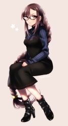 Rule 34 | 1girl, black dress, black footwear, blue sweater, blush, boots, braid, braided ponytail, breasts, brown eyes, brown hair, contemporary, dress, earrings, fate/grand order, fate (series), glasses, high heel boots, high heels, jewelry, long hair, long sleeves, medium breasts, multiple earrings, ribbed sweater, ribbon-trimmed dress, seeds328, single braid, sweater, very long hair, yu mei-ren (fate), yu mei-ren (first ascension) (fate)