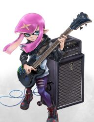 Rule 34 | 1other, amplifier, androgynous, bass guitar, blue eyes, closed mouth, commentary, domino mask, electric guitar, expressionless, floating hair, full body, guitar, highres, holding, holding instrument, inkling, inkling player character, instrument, jacket, janome (jajanome), leggings, legs apart, long hair, long sleeves, mask, mask pull, mouth mask, music, nintendo, other focus, piercing, pink hair, playing instrument, pointy ears, shoes, solo, splatoon (series), standing, symbol-only commentary, tentacle hair, torn clothes, torn leggings
