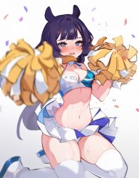 Rule 34 | 1girl, @ @, alternate breast size, blue archive, blush, breasts, cheerleader, cleavage, confetti, cosplay, crop top, highres, holding, holding pom poms, hololive, hololive english, koahri, long hair, looking at viewer, midriff, millennium cheerleader outfit (blue archive), multicolored hair, navel, ninomae ina&#039;nis, open mouth, pointy ears, pom pom (cheerleading), pom poms, purple hair, simple background, skirt, solo, sweat, tentacle hair, thighhighs, virtual youtuber, white background, white thighhighs