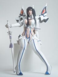 1girl bakuzan black_hair boots breasts cosplay full_body junketsu kamisamalisa kamui_(kill_la_kill) kill_la_kill kiryuuin_satsuki kiryuuin_satsuki_(cosplay) large_breasts living_clothes long_hair looking_at_viewer photo_(medium) revealing_clothes simple_background sitting solo suspenders sword thick_eyebrows thigh_boots weapon