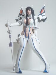 1girl bakuzan black_hair boots breasts cosplay full_body highres junketsu kamisamalisa kamui_(kill_la_kill) kill_la_kill kiryuuin_satsuki kiryuuin_satsuki_(cosplay) large_breasts living_clothes long_hair looking_at_viewer photo_(medium) revealing_clothes simple_background sitting solo suspenders sword thick_eyebrows thigh_boots weapon