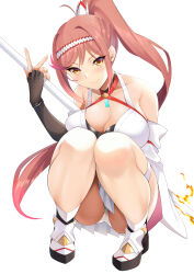 Rule 34 | 1girl, bare shoulders, breast press, breasts, chest jewel, cleavage, core crystal (xenoblade), criss-cross halter, daive, detached sleeves, fingerless gloves, full body, glimmer (xenoblade), gloves, halterneck, high ponytail, highres, japanese clothes, kimono, large breasts, long hair, looking at viewer, obi, panties, ponytail, red hair, sash, solo, squatting, swept bangs, underwear, upskirt, white kimono, wide sleeves, xenoblade chronicles (series), xenoblade chronicles 3, xenoblade chronicles 3: future redeemed