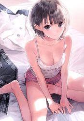 Rule 34 | 1girl, absurdres, arm support, bare legs, barefoot, black eyes, black hair, blue reflection, blue reflection (series), breasts, camisole, cleavage, closed mouth, feet, from above, highres, indoors, kishida mel, looking at viewer, medium breasts, on bed, scan, shirai hinako, short hair, short shorts, shorts, sitting, skirt, solo, unworn skirt, yokozuwari