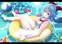 Rule 34 | 1girl, absurdres, afloat, alternate costume, ball, beachball, blue hair, bracelet, commentary request, ganyu (genshin impact), genshin impact, highres, horns, jewelry, lifebuoy, long hair, looking at viewer, ocean, one-piece swimsuit, red eyes, shiratoriko, solo, swim ring, swimsuit