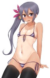 Rule 34 | 10s, 1girl, akebono (kancolle), bell, bikini, black thighhighs, blush, breasts, cowboy shot, flower, hair bell, hair between eyes, hair flower, hair ornament, jingle bell, kantai collection, long hair, looking at viewer, micro bikini, navel, one-piece tan, open mouth, purple eyes, purple hair, side ponytail, simple background, small breasts, solo, striped bikini, striped clothes, swimsuit, tan, tanline, thighhighs, very long hair, white background, yamaori