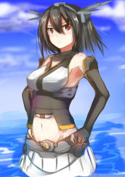 Rule 34 | 10s, 1girl, alternate hairstyle, bad id, bad pixiv id, bare shoulders, black hair, breasts, elbow gloves, fingerless gloves, gloves, headgear, kantai collection, medium breasts, nagato (kancolle), personification, red eyes, short hair, solo, tenken (gotannda)