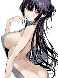 Rule 34 | 1girl, ass, back, bare arms, bare shoulders, black hair, blush, breasts, butt crack, closed mouth, from behind, grey sweater, haite kudasai takamine-san, hand up, hiiragi yuuichi, large breasts, ling hair, looking at viewer, meme attire, red eyes, sleeveless, smile, solo, sweater, takamine takane, virgin killer sweater