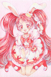Rule 34 | 1girl, absurdres, amu (m aa), animal ears, boots, bow, choker, cure whip, gloves, heart, heart-shaped pupils, highres, kirakira precure a la mode, knees together feet apart, long hair, magical girl, marker (medium), open mouth, pink bow, pink footwear, pink hair, precure, puffy short sleeves, puffy sleeves, rabbit ears, red choker, short sleeves, solo, symbol-shaped pupils, traditional media, twintails, white gloves