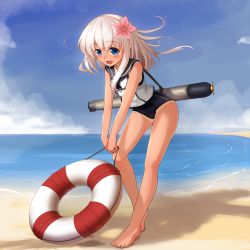 Rule 34 | 10s, 1girl, absurdres, bare legs, barefoot, blue eyes, blush, commentary request, corrupted metadata, crop top, flower, hair flower, hair ornament, highres, kantai collection, lifebuoy, looking at viewer, one-piece tan, open mouth, ro-500 (kancolle), sailor collar, school swimsuit, smile, solo, swim ring, swimsuit, swimsuit under clothes, tan, tanline, torpedo, wanjie sa hua