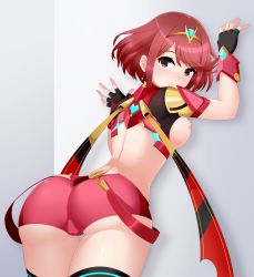 Rule 34 | 1girl, against wall, ahoge, ass, blush, breasts, breasts out, cameltoe, circlet, fingerless gloves, from behind, gloves, leaning, leaning forward, looking at viewer, looking back, medium breasts, nintendo, nipples, parted lips, pyra (xenoblade), red eyes, red hair, santystuff, scarf, short hair, short shorts, shorts, sideboob, smile, solo, suspenders, thighhighs, tiara, xenoblade chronicles (series), xenoblade chronicles 2