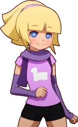 Rule 34 | 1girl, alternate costume, alternate hair length, alternate hairstyle, arm warmers, bad id, bad tumblr id, bike shorts, blonde hair, blue eyes, cowboy shot, flat chest, gravity falls, hairband, mike inel, pacifica northwest, shirt, sleeves past wrists, smile, solo, t-shirt, transparent background