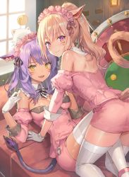 Rule 34 | 10s, 2girls, animal ears, bare shoulders, blonde hair, blush, breasts, cat ears, cat tail, cleavage, couch, detached collar, facial mark, fang, final fantasy, final fantasy xiv, gloves, highres, long hair, looking at viewer, maid headdress, miqo&#039;te, momoko (momopoco), moogle, multiple girls, open mouth, ponytail, purple eyes, purple hair, slit pupils, smile, tail, thighhighs, warrior of light (ff14), white gloves, white legwear, yellow eyes, yuri, zettai ryouiki