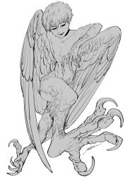 Rule 34 | 1boy, absurdres, animal feet, animal hands, arm behind back, bell7545, bird wings, black eyes, claws, completely nude, empty eyes, fangs, feathered wings, full body, greyscale, hand up, harpy boy, highres, legs up, looking at viewer, lower teeth only, male focus, monochrome, monster boy, nude, original, short hair, signature, simple background, smile, solo, talons, teeth, white background, wings