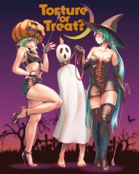 Rule 34 | 1boy, 2girls, bare shoulders, barefoot, blush, boots, breasts, collar, crescent moon, crop top, dominatrix, dress, elbow gloves, femdom, fingerless gloves, ghost costume, gloves, green hair, gumi, halloween, hat, hatsune miku, high heels, jack-o&#039;-lantern, kagamine len, leash, leather, leather boots, leather skirt, long hair, looking at viewer, midriff, miniskirt, moon, multiple girls, open mouth, pumpkin, purple eyes, riding crop, skirt, smile, standing, thigh boots, thighhighs, third-party edit, toenails, tongue, trick or treat, twintails, very long hair, vocaloid, witch hat, wokada, you gonna get raped, zettai ryouiki