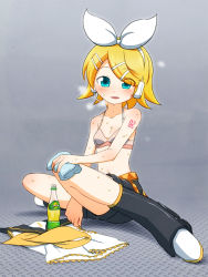 Rule 34 | 1girl, aqua eyes, bare shoulders, blonde hair, bottle, bra, breasts, collarbone, commentary request, eyes visible through hair, full body, green eyes, grey background, hair ornament, hair ribbon, hairclip, headset, highres, kagamine rin, looking at viewer, ribbon, sat-c, unworn shirt, short hair, shorts, sitting, small breasts, solo, sweat, towel, underwear, vocaloid, white ribbon