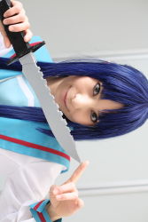 Rule 34 | ari (model), asakura ryouko, blue hair, cosplay, highres, knife, photo (medium), sailor, school uniform, serafuku, suzumiya haruhi no yuuutsu