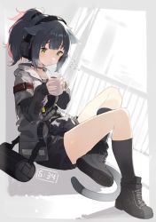 Rule 34 | 1girl, animal ears, arknights, bag, black choker, black footwear, black hair, black shirt, black shorts, black socks, blush, breasts, cat, cat ears, cat girl, cat tail, choker, closed mouth, cup, full body, green eyes, grey jacket, headset, high ponytail, highres, holding, holding cup, jacket, jessica (arknights), medium breasts, mug, multicolored hair, pink hair, ponytail, sh (shinh), shirt, short hair, short ponytail, shorts, sidelocks, silver hair, sitting, socks, solo, tail, window