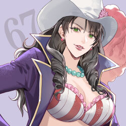Rule 34 | 1girl, alvida (one piece), bikini, black hair, collared coat, commentary request, drill hair, drill sidelocks, earrings, green eyes, hat, hat feather, jewelry, light smile, long hair, necklace, numbered, one piece, pearl earrings, pearl necklace, purple background, sidelocks, solo, swimsuit, upper body, white hat, yoshicha