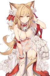 Rule 34 | 1girl, absurdres, animal ears, bell, blonde hair, bow, bra, breasts, cat ears, cat girl, cat tail, cleavage, collar, cowboy shot, dress, flower, frilled dress, frills, garter belt, hair bow, hair flower, hair ornament, highres, kaerunoko, large breasts, leaning forward, neck bell, original, panties, simple background, tail, thighhighs, underwear, white background, white bra, white panties