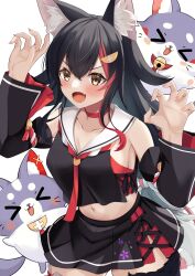 Rule 34 | 1girl, absurdres, animal ear fluff, animal ears, black hair, black shirt, black skirt, black sleeves, breasts, choker, cleavage, detached sleeves, fang, hair ornament, hairpin, highres, hololive, long hair, looking at viewer, medium breasts, miofa (ookami mio), multicolored hair, ookami mio, ookami mio (1st costume), open mouth, red choker, red hair, shirt, skin fang, skirt, smile, streaked hair, tail, tail around own leg, tyamiy1017, virtual youtuber, wolf ears, wolf girl, wolf tail