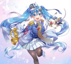 Rule 34 | 1girl, band uniform, beamed eighth notes, black pantyhose, blue eyes, blue hair, blue headwear, blue jacket, blush, bow, bowtie, commentary, eighth note, epaulettes, eryu kamemura, french horn, gloves, hair ornament, hair ribbon, hairclip, hand up, hat, hat feather, hatsune miku, high five, highres, holding, holding instrument, instrument, jacket, leg up, long hair, looking at viewer, mini shako cap, miniskirt, musical note, musical note print, open mouth, pantyhose, pleated skirt, rabbit, rabbit yukine, ribbon, shako cap, skirt, smile, snowflake print, standing, string of flags, twintails, very long hair, vocaloid, white bow, white footwear, white gloves, white skirt, yuki miku, yuki miku (2020)