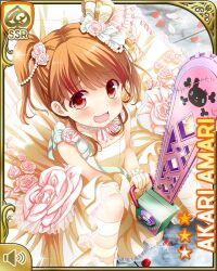 Rule 34 | 1girl, :d, amari akari, bow, brown hair, card (medium), chainsaw, character name, crown, dress, female focus, frills, girlfriend (kari), gloves, indoors, mini crown, nail polish, official art, open mouth, pink bow, qp:flapper, red eyes, school, shoes, smile, solo, standing, tagme, wedding dress, white bow, white dress, white gloves