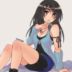 Rule 34 | 1girl, arm warmers, bike shorts, black hair, breasts, brown eyes, cleavage, closed mouth, final fantasy, final fantasy viii, jewelry, long hair, looking at viewer, necklace, open clothes, rinoa heartilly, shorts, shorts under skirt, simple background, skirt, sleeveless, sleeveless duster, smile, solo, square enix, sunagimo (nagimo), undershirt