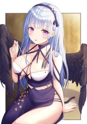Rule 34 | 1girl, azur lane, bare shoulders, between breasts, black wings, blush, breasts, cleavage, collarbone, criss-cross halter, dido (anxious bisque doll) (azur lane), dido (azur lane), disembodied hand, dress, feathered wings, flower, funii, hairband, halterneck, headband, large breasts, long dress, long hair, looking at viewer, purple dress, purple eyes, purple headband, silver hair, smile, solo, thighs, tongue, tongue out, white flower, wings