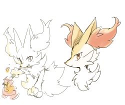 1girl animal_ear_fluff animal_ears animal_nose arm_up body_fur braixen closed_mouth creatures_(company) fang female_focus fire fox_ears fox_girl from_side furry furry_female game_freak gen_6_pokemon happy holding holding_stick looking_at_viewer multiple_views neck_fur nintendo open_mouth outstretched_arm partially_colored pokemon pokemon_(creature) profile red_eyes simple_background sketch smile snout stick sukasshu_(mroooo) two-tone_fur upper_body white_background white_fur yellow_fur