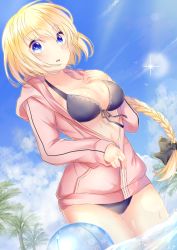 Rule 34 | 1girl, bad id, bad pixiv id, ball, beachball, bikini, black bikini, black bow, black ribbon, blonde hair, blue eyes, blue sky, blush, bow, braid, breasts, cleavage, cloud, cloudy sky, collarbone, day, fate/apocrypha, fate (series), front-tie bikini top, front-tie top, hair bow, hair ribbon, hand on own chest, highres, hood, hoodie, jeanne d&#039;arc (fate), jeanne d&#039;arc (ruler) (fate), jeanne d&#039;arc (white cruising) (fate), legs together, light smile, long hair, looking at viewer, mashiro aa, medium breasts, ocean, open clothes, outdoors, palm tree, parted lips, partially unzipped, ribbon, short hair, single braid, sky, solo, standing, steam, swimsuit, teeth, thighs, tree, tress ribbon, wading
